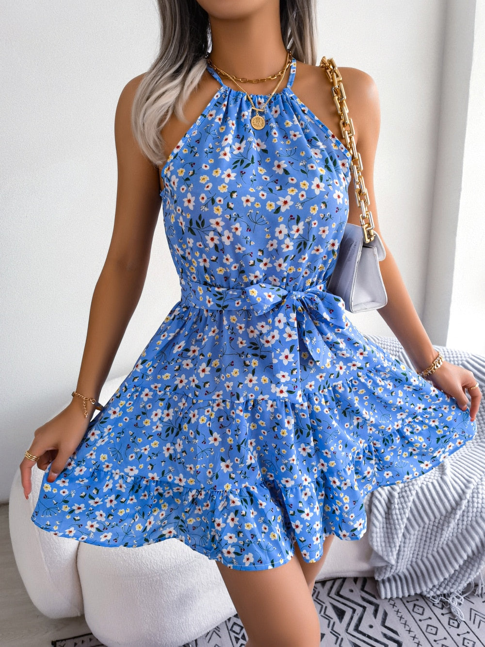 FloralHalter - Sleeveless Mini Short Sundress