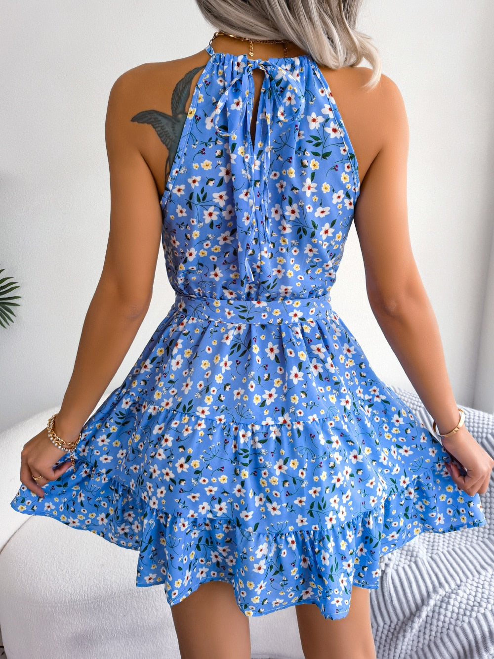 FloralHalter - Sleeveless Mini Short Sundress