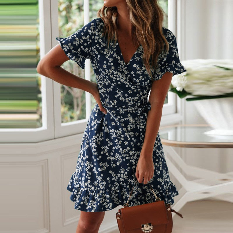 FlirtyFloral - V Neck Floral Print Mini Dress