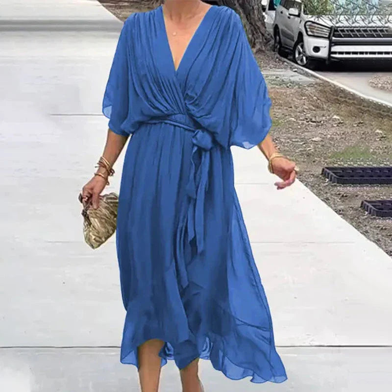 Anita – Damen V-Ausschnitt Kleid Blau