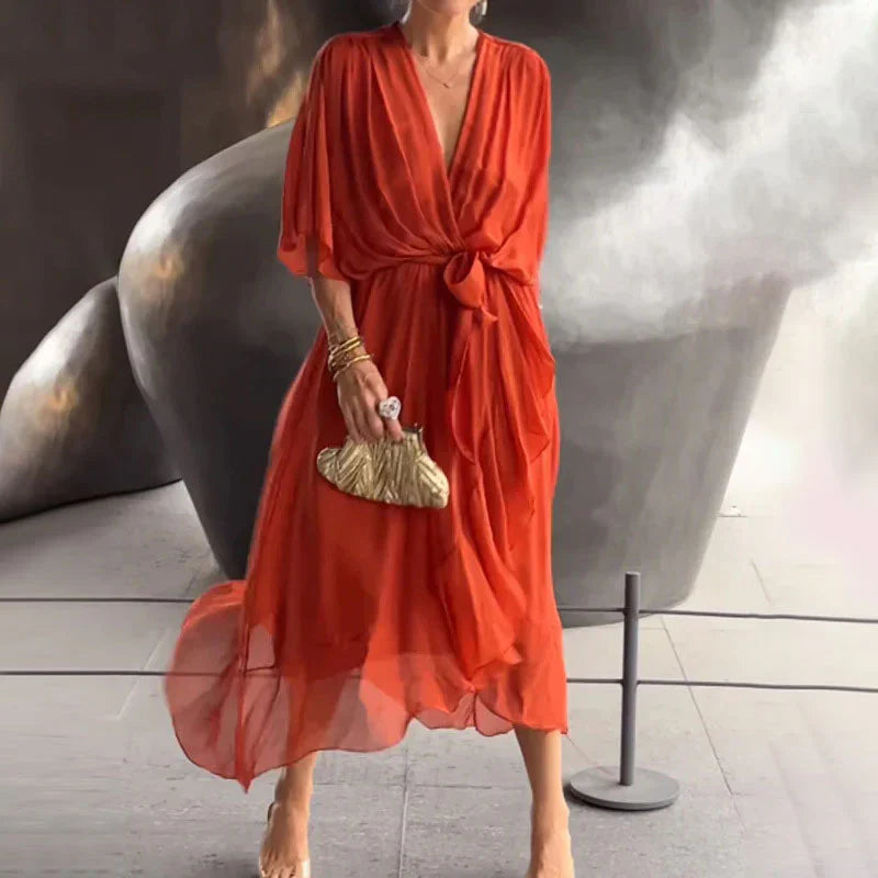 Anita – Damen V-Ausschnitt Kleid Orange