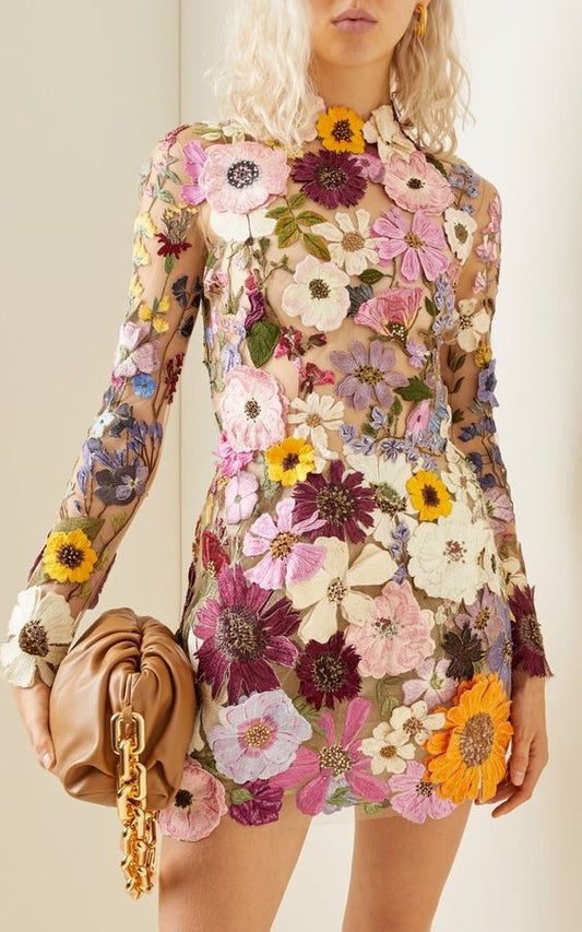 Apollonia – 3D Blumen Damenkleid Beige